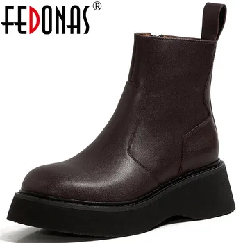 

FEDONAS Side Zipper Women Short Autumn Winter Warm Boots Genuine Leather Chunky Heels Shoes Woman Casual Working Ankle Boots
