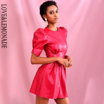 

LOVE & LEMONADE Red Round Neck Puff Short Sleeve Stretch PU Fit Mini Dress LM82265