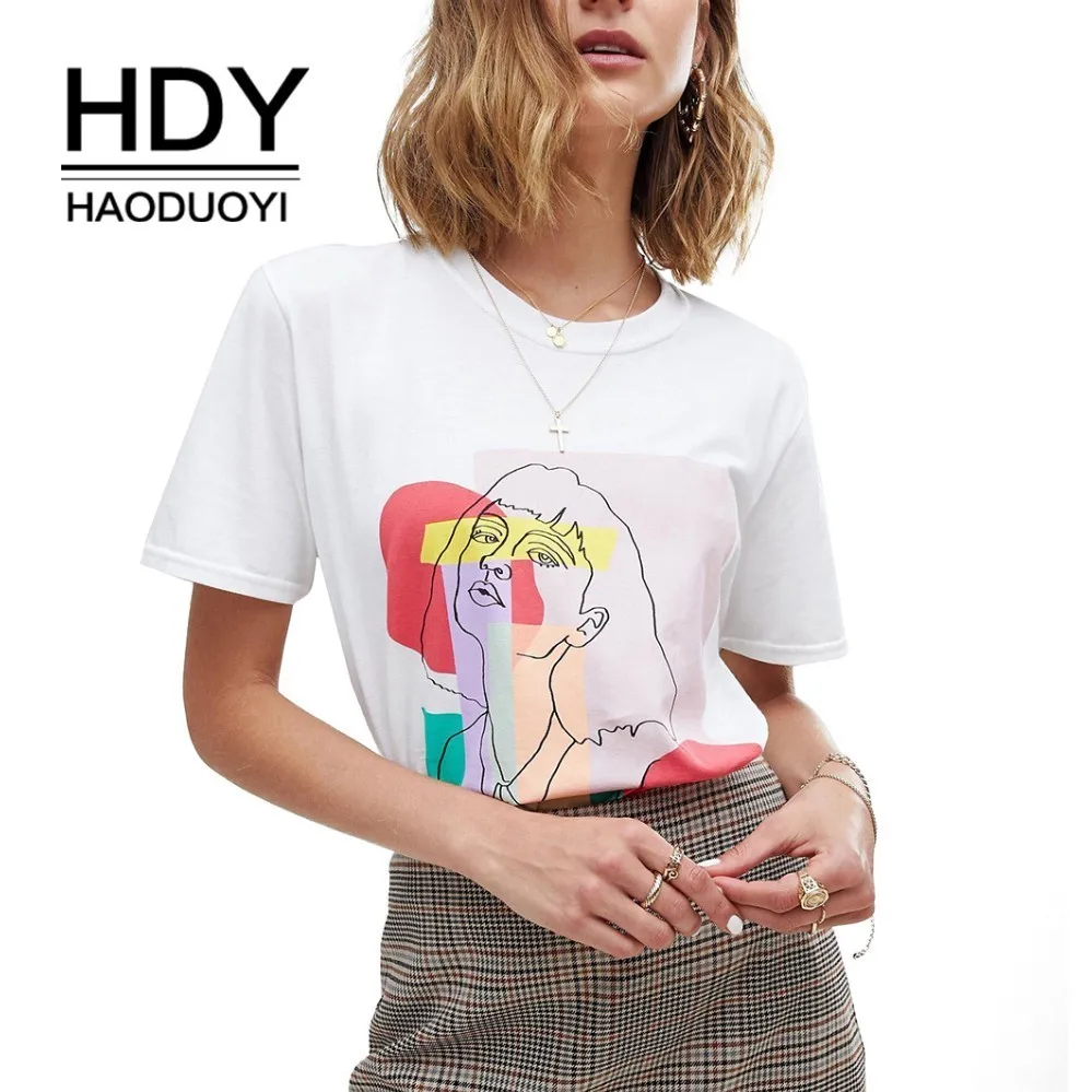 

HDY Haoduoyi New Comfortable Print Crew-neck T-shirt summer tops for girls in retro style Plain Casual Minimalist T-shirt