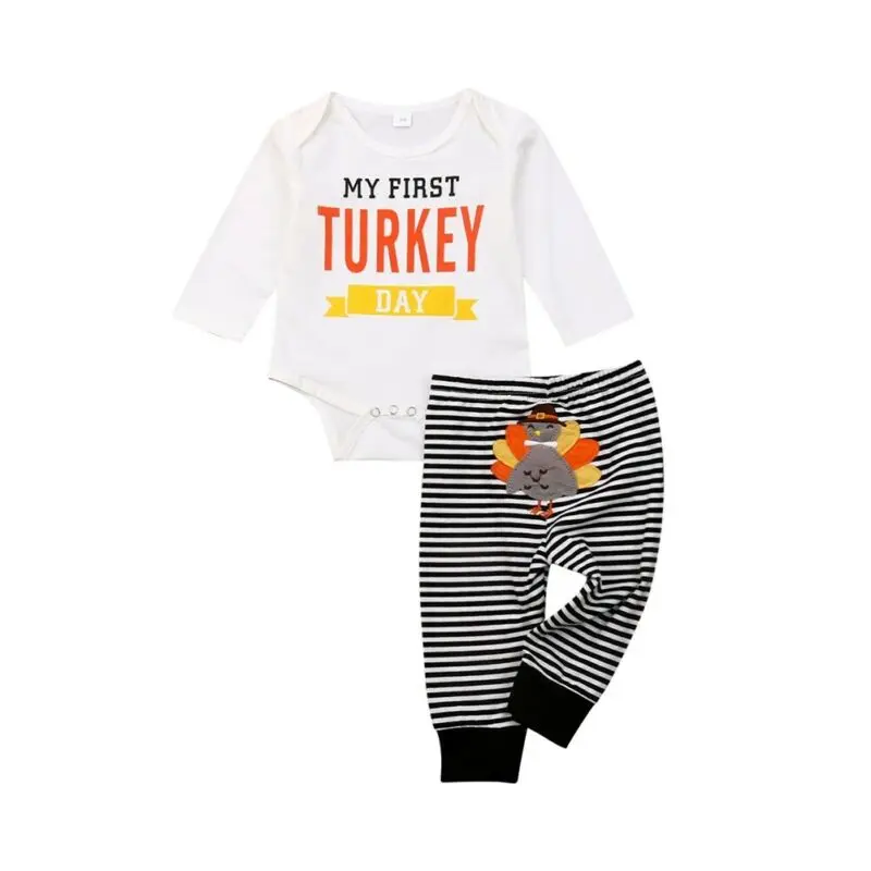 Одежда для новорожденных мальчиков и девочек с надписью «My First Turkey Day» хлопковый боди с длинными рукавами, топы, штаны в полоску, комплект детской одежды из 2 предметов