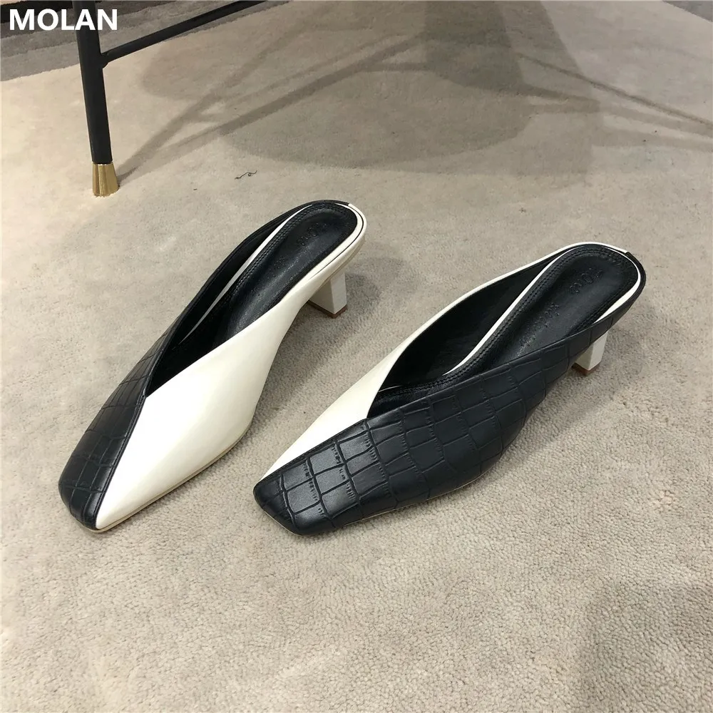 

MOLAN Brand Designer 2020 Spring New Luxury Mix Colors Black Apricot Leather Square Toe High Heels Sexy V Mouth Lady Pumps Mules