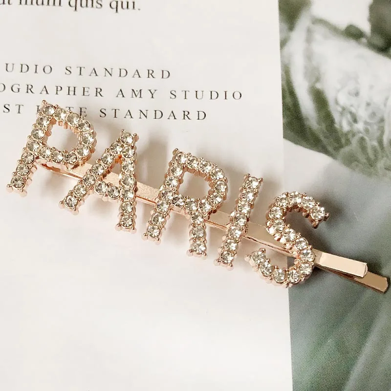 PARIS Rose Gold 1 шт., заколки для волос с кристаллами и буквами, стразы, заколки для волос, заколки для волос, инструменты для укладки волос, аксессуары, ювелирный подарок - Цвет: PARIS Rose Gold