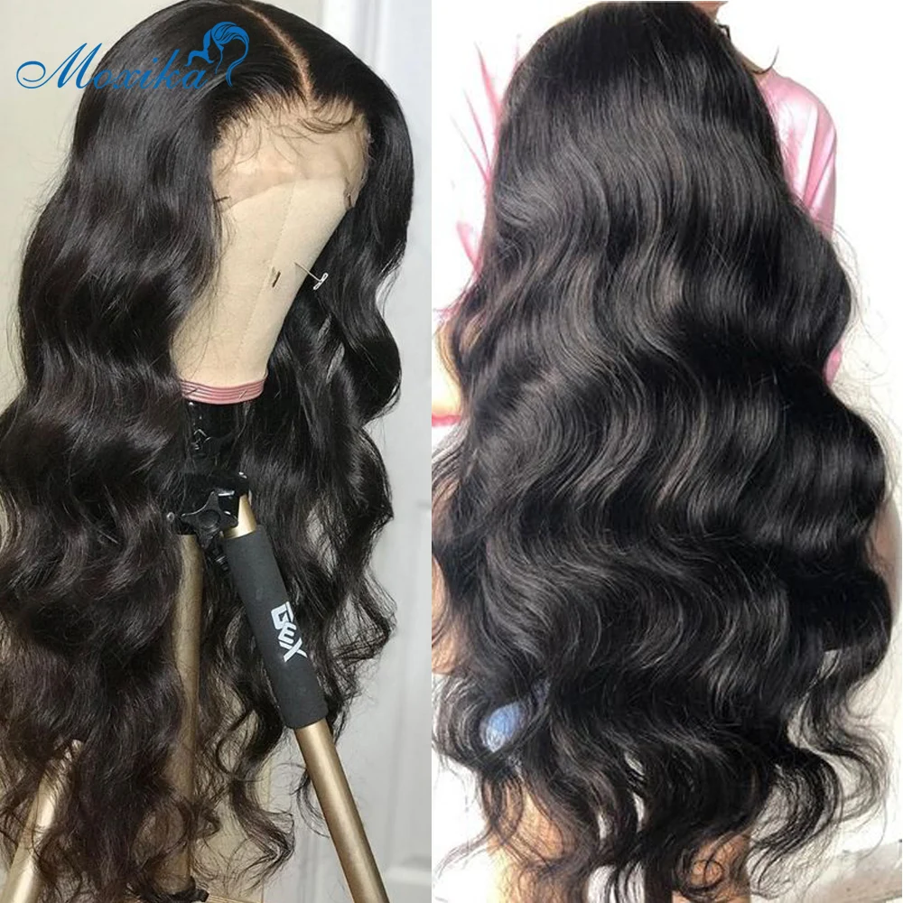 Tanie Moxika 4x4 brazylijski ludzki włos uzupełnienie splotu włosów Lace Closure peruki dla czarnych kobiet Remy włosy ciało fala koronki zamknięcie peruki z dziecięcymi włosami
