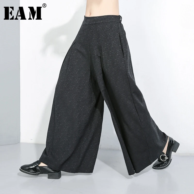 

[EAM] High Elastic Waist Black Long Wide Leg Big Size Trousers New Loose Fit Pants Women Fashion Tide Spring Autumn 2019 1B592