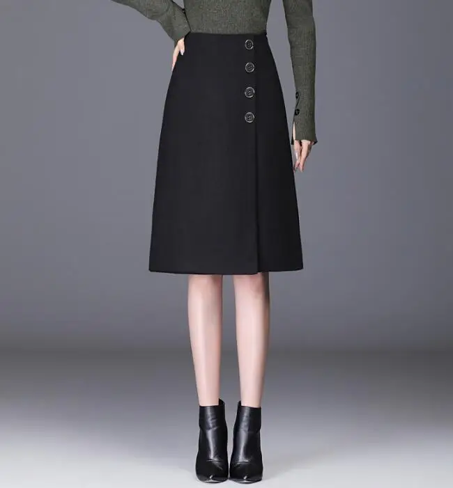 Осенне-зимняя шерстяная Женская юбка в стиле ретро, винтажная однобортная юбка с высокой талией, Женская облегающая офисная юбка, коричневые, черные, серые - Цвет: Черный
