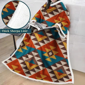 

Home Decor Winter Warm Fleece Blanket with Sleeves Geometric Printing Couch Bed Cover Blanket Soft Thicken Sleeves Blanket