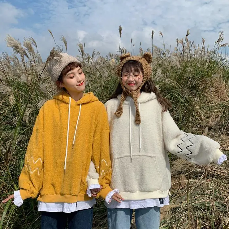 Korean autumn and winter embroidery long-sleeved hooded fake two-piece lamb hair loose sweatshirt women