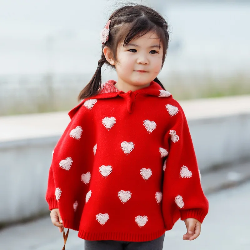 1-4Years Girl Sweater Coat Winter Jacquard Small Love Figure Hooded Cute Girl Knitted Outerwear Kids Warm Cloak Coat