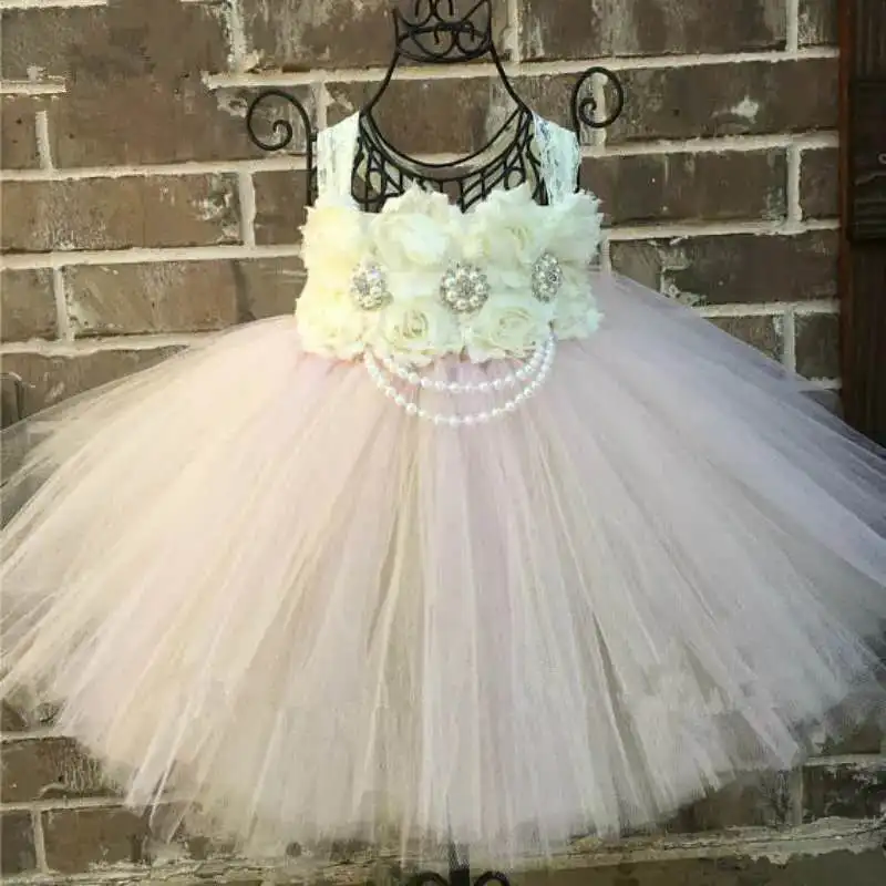 Fiore Shabby Con Perle Strass Flower Girl Tutu Dress Tulle Girls Wedding Party Dress Kids Girls Ball Gown Abiti In Tulle