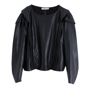

Chic Black Cascading Leather Blouse Women Fashion O Neck PU Leather Tops Elegant Ladies Long Sleeve Shirts