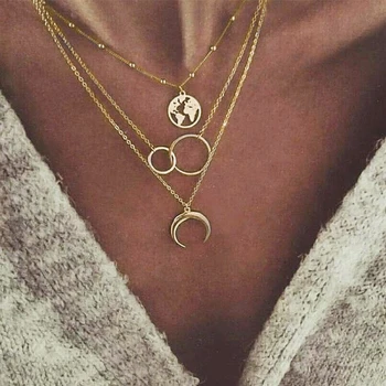 

2020 New Fashion Map Circle Moon Pendant Necklace For Women Bohemian Multilayer Chain Necklaces Geometric Collares Mujer
