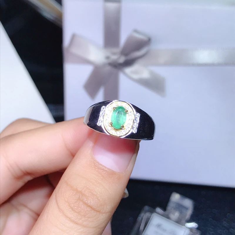 0.5 carat natural emerald men's ring adjustable size 925 sterling silver certificate package