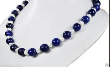 

Natural 8mm Dark Blue Lapis Lazuli + 6-7mm White Pearl Necklace 18"