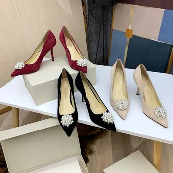 

Sweeheart 2020 new leather women's shoes high heels pointed toes women's shoes pearl bling women's shoes 6.5/8.5cm 33-42