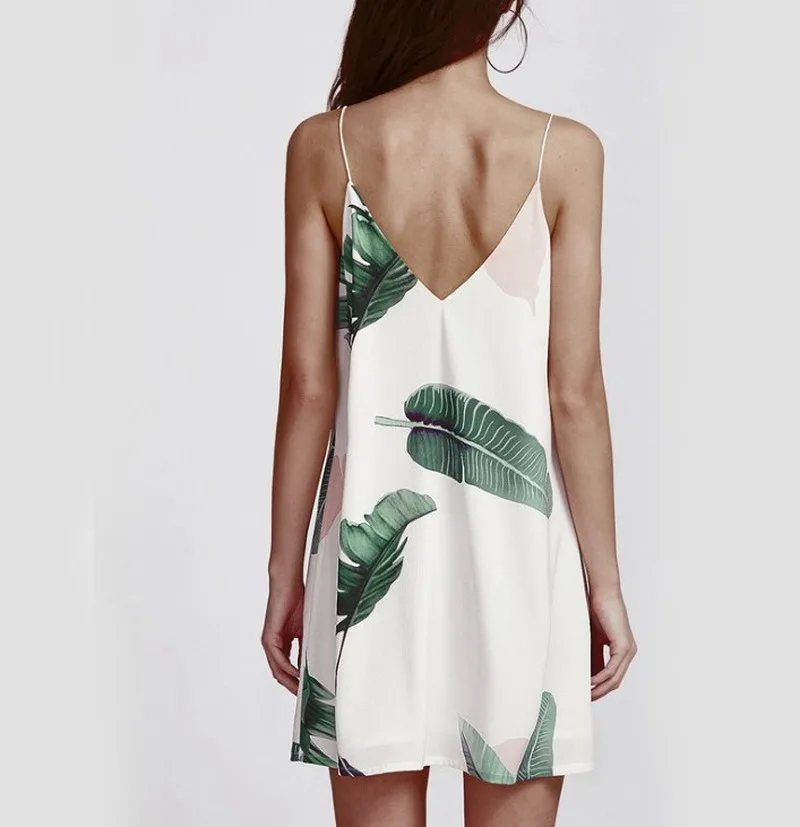 White Beach Cami Summer Dress Women Printed Palm Leaf Double V Neck Casual Dresses Shift Sexy Sleeveless Holiday Dress