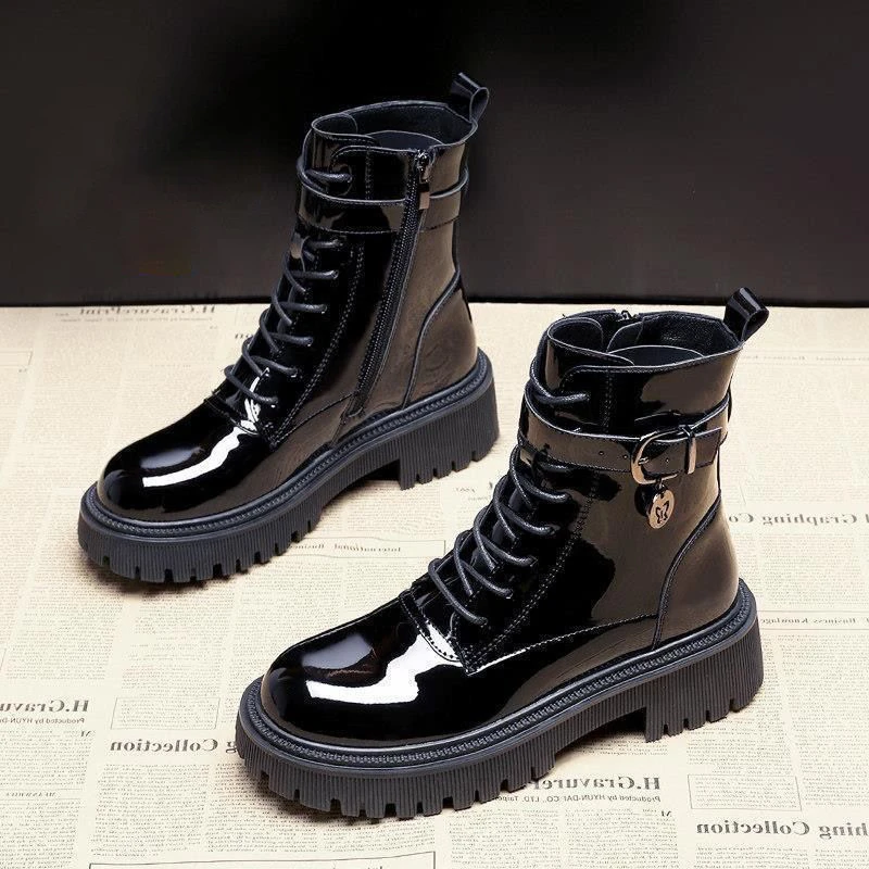 Botines de con plataforma para Mujer, Botas cortas con cuñas, tacón medio punta redonda, color negro, Invierno|Botas hasta el tobillo| - AliExpress
