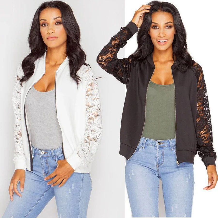 remarkable Lace Casual Jacket Women Splice Tight Long Sleeve Black White Thin Coat Ladies Fashion Sexy Slim Zi