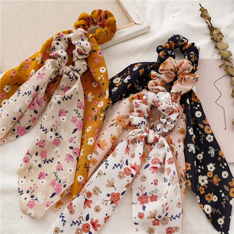 

2020 Bohemian Polka Floral Printed Ribbon Bow Hair Scrunchies Women Elastic Hair Band Ponytail Scarf Hair Ties Accessories