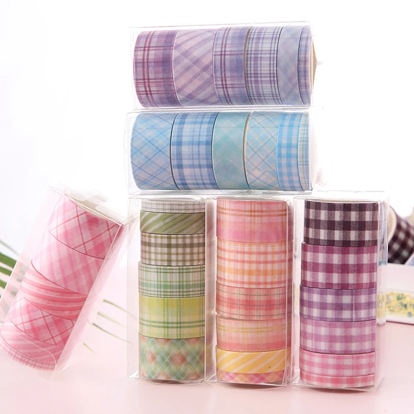 Fita adesiva adesiva adesiva, Kawaii Grid Washi Tape Set, fitas decorativas Papelaria, material escolar