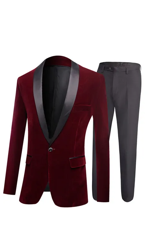 Burgundy Velvet Shawl Lapel Tailored Men Coat+Pant Casual Men Slim Fit Suit Tuxedo Groom Blazer Wedding Suit