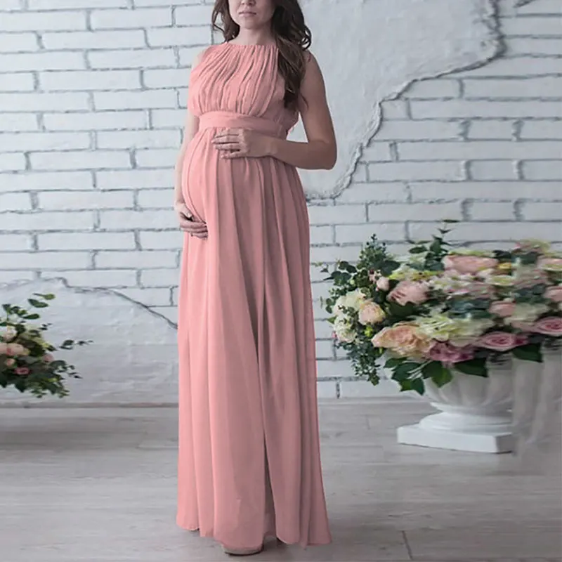 Elegant Women Dress Chiffon Sleeveless Maxi Dress Solid Color Pregnant  Pregnancy Dress Vestido Nursing Dress For Photo Shoot
