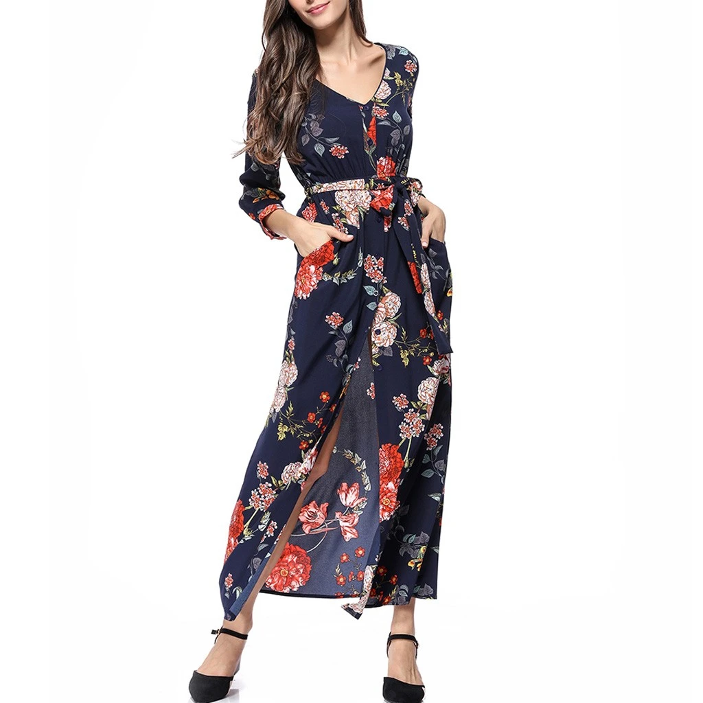 Loose Dresses Long Sleeve Winter Bohemian Beach Women Floral Print  Runway Dress Autumn Party Night Sundress Vestidos 822