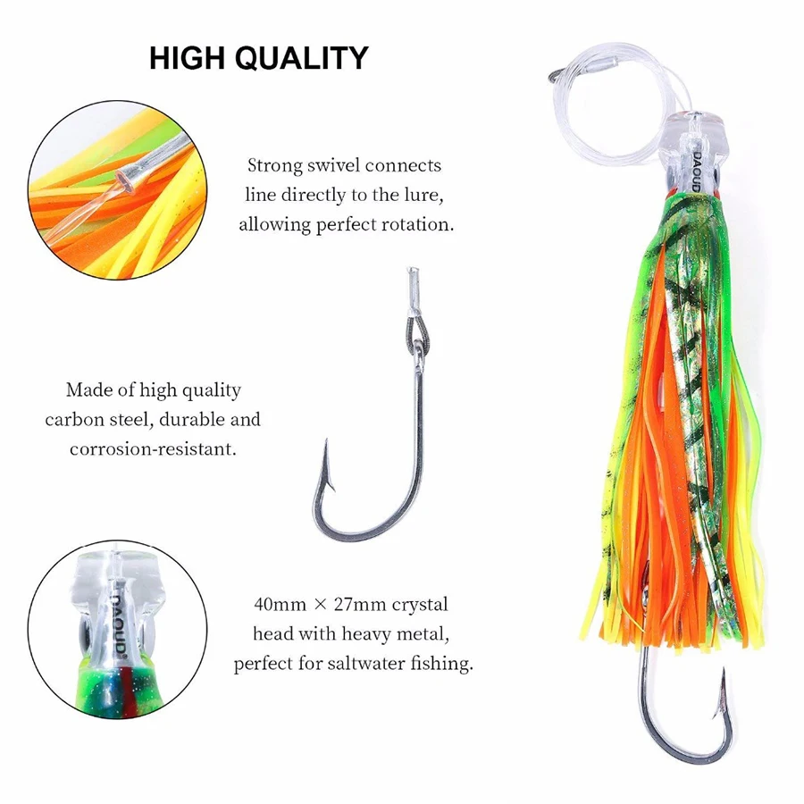 Octopus Skirts Trolling Lures Saltwater Trolling Skirt Lures with Stainless Steel Hook and Swivel Rigged Leader 6.5inch/9inch