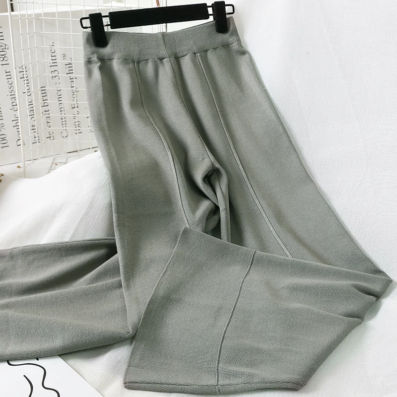 

Autumn Winter Elegant Knitted Wide Leg Pants Women Simple Spliced Thick High Waist Pants Casual Striped Straight trousers Mw816