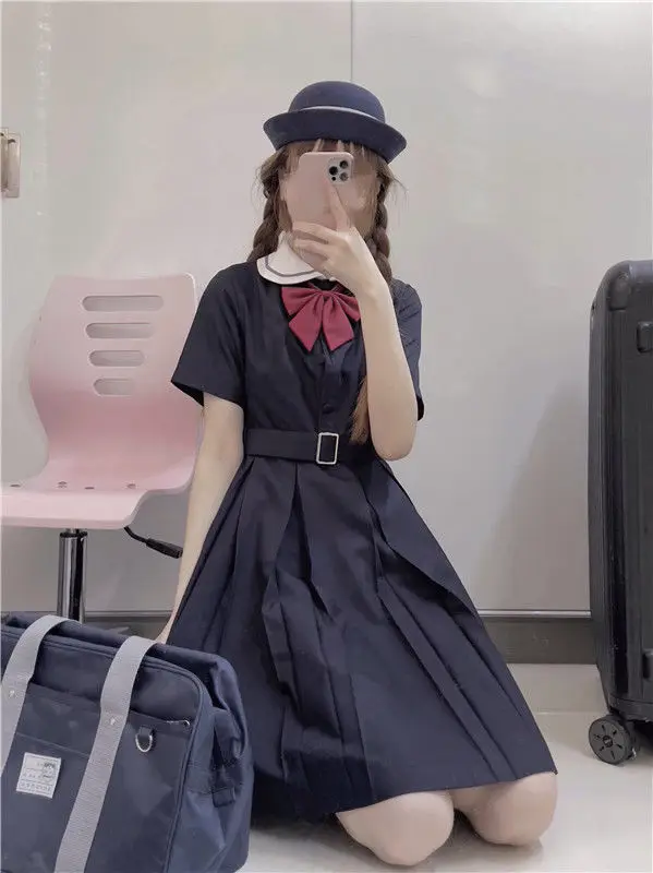 Harajuku Sailor Collar Navy Dress Japanese Lolita Sweet Bow-knot Girl Retro Cotton Kawaii Preppy Style Short Sleeve Dress Women