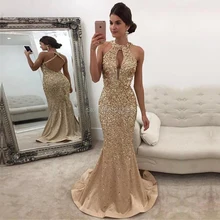 Длинное сатиновое платье с лямкой на шее, платье для выпускного вечера с кристаллами и бисером, вечернее платье цвета шампанского, сексуальное вечернее платье с открытой спиной, платья для выпускного вечера