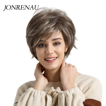 

JONRENAU Short Straight Synthetic Wig Brown Mixed Grey Ombre Fashion Pixie Cut Wigs for White/Black Women
