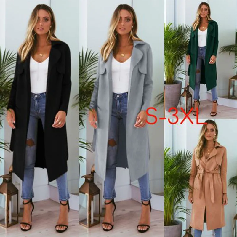 

Autumn Fashion Women Simple Solid Slim Long Cardigan Trench Coats Open Front Long Sleeve Pockets Waistbelt Windbreaker For Lady