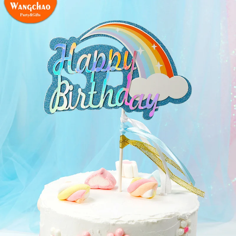 

Colorful Rainbow Happy Birthday Cake Topper Pink&Blue Cupcake Topper Kids Favors Baby Shower Cake Decoration Party Supplies