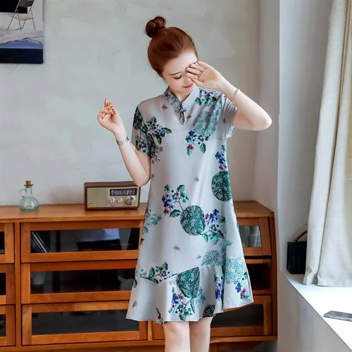 

Improved Edition Cheongsam Dress Women's 2019 Summer Chinese-style nian qing kuan Girly Style Retro Elegant Cheongsam Skirt