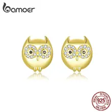 bamoer 925 Sterling Silver Night Owl Animal Stud Earrings for Women Gold Color Silver 925 Fine Jewelry Earings for Kids BSE304