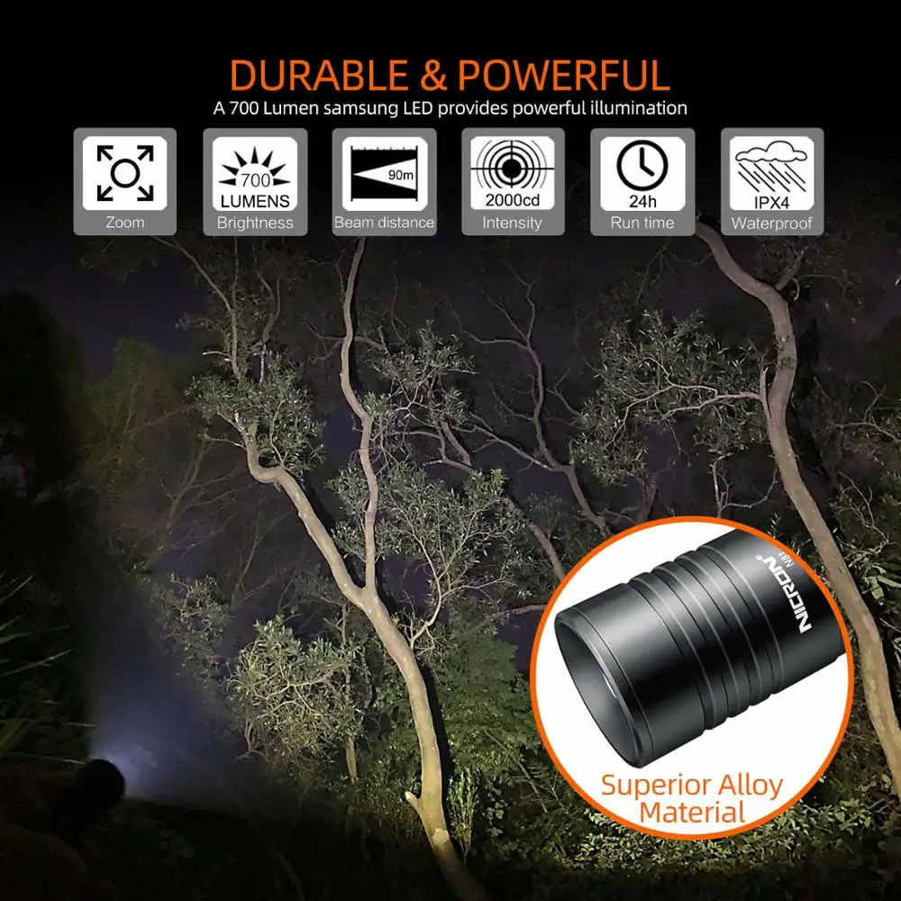 Светодиодный фонарик NICRON Zoomable с двойным топливом 18650/AA с батареей 700LM IPX4, водонепроницаемый, 5 режимов для езды на открытом воздухе, светодиодный фонарь N81