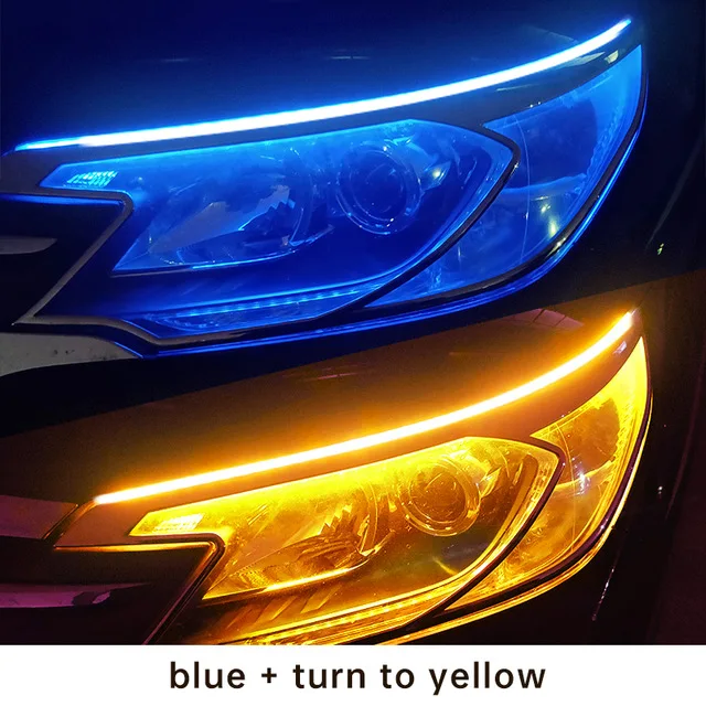 2pcs LED DRL Car Daytime Running Light Flexible Waterproof Strip Auto Headlights White Turn Signal Yellow Brake Flow Lights 12V blue yellow