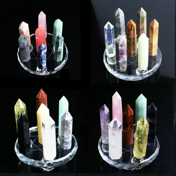 

Natural Crystal Point 7 Chakra Reiki Luky Crystal Wand 7 Kind Quartz With 7Star Plate Stand Glass Wood Base Home decor