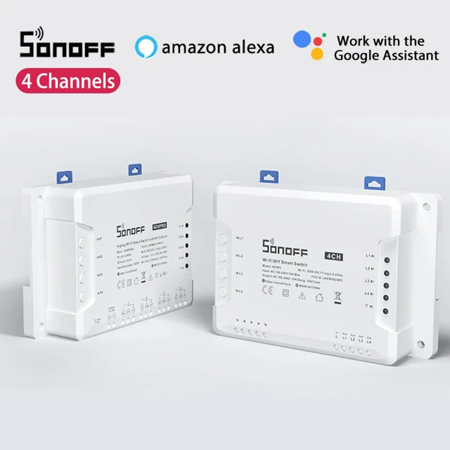 SONOFF Interruptor inteligente R3 de 4 canales, interruptor de tiempo  remoto WiFi de 4 canales, control LAN, modo de bloqueo, funciona con Alexa  y