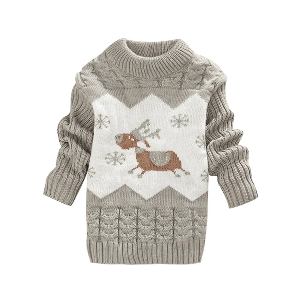 Свитер для малышей; топы для девочек; Рождественский теплый свитер с оленем; вязаная футболка с длинными рукавами; теплая однотонная одежда с оборками