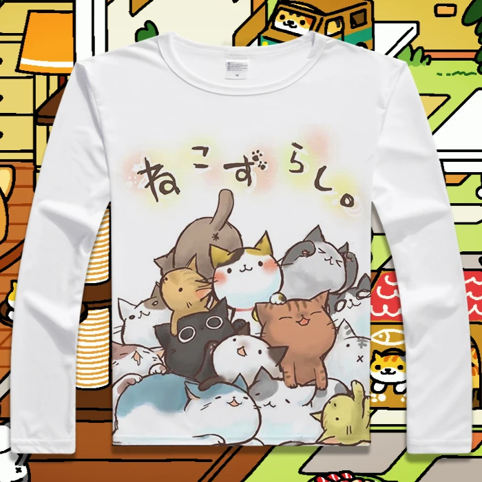 Новая Милая футболка Neko Atsume с длинным рукавом для костюмированной вечеринки, хлопковые топы для косплея в стиле аниме, футболки для мужчин и женщин, летняя футболка