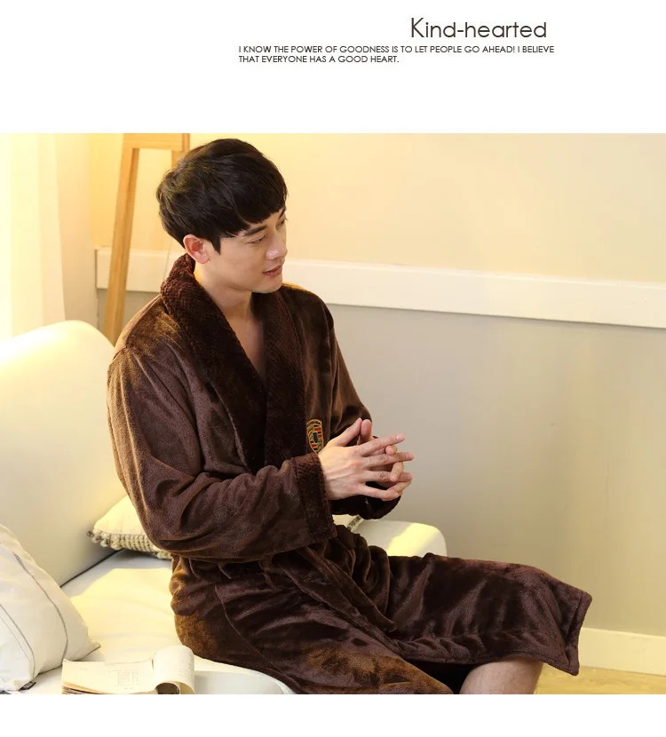 Ночной халат, мужское повседневное кимоно, халат, Осень-зима, фланелевый Халат с длинными рукавами, Толстая теплая Пижама, плюс размер, 2XL, Мужская Ночная рубашка