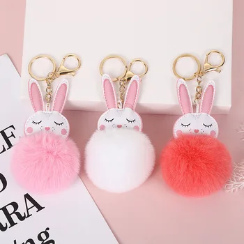 

Creative-Rabbit Eared Furry Ball Key Pendants Faux Rex Rabbit Plush Pendant Car Bag Accessories