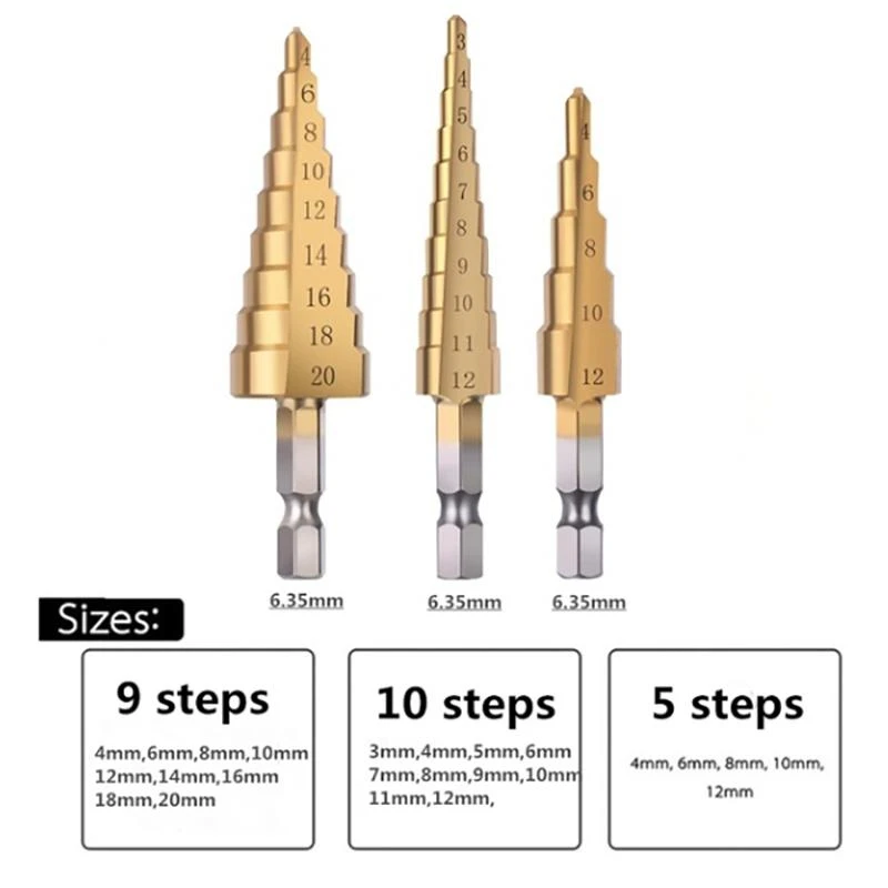 

3/5 Pcs HSS Cobalt Multiple Hole 50 Sizes Step Drill Bit Set Tools with Aluminum Case/Pouch Straight Groove Step Drill Bit Set
