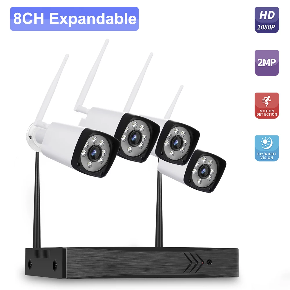 

8CH NVR 4 Cameras Wireless NVR Kit Security Surveillance System 2MP 1080P WIFI Camera Monitor Night Vision P2P Motion Detection
