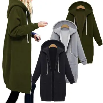 

Plus Size Solid Color Casual Thicken Hooded Women Zip Up Long Sweater Coat
