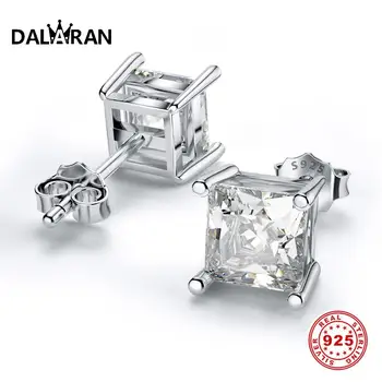 

DALARAN Luxury White Square Zircon Earrings 925 Sterling Silver Four Post Stud Earings Fashion Jewelry For Women Mens