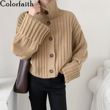 

Colorfaith New 2020 Autumn Winter Women's Sweaters Turtleneck Buttons Short Cardigans Oversize Elegant Korean Lady Tops SWC20142