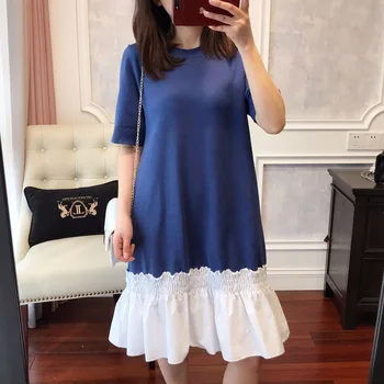 

2020 Spring Summer Women Knitted Dress Ruffle Patchwork Lady O-neck Casual Loose Knitwear Female Mini Dresses Clothes