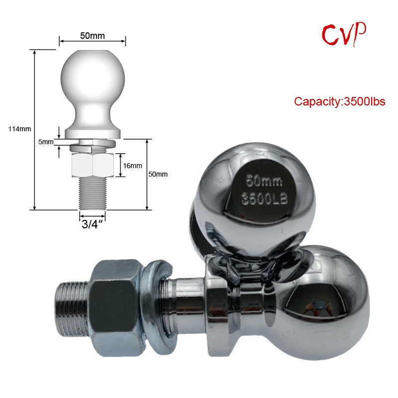 Chrome Tow Ball 50mm 3/4 Shank dia. Trailer Hitch Towball Capacity 3500lbs RV Parts Car Camper Coupling Caravan Accessories